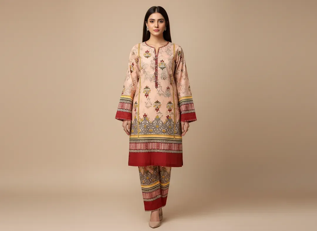 Women Unstitched Printed Suit Pink Polo Cotton 2 Pcs