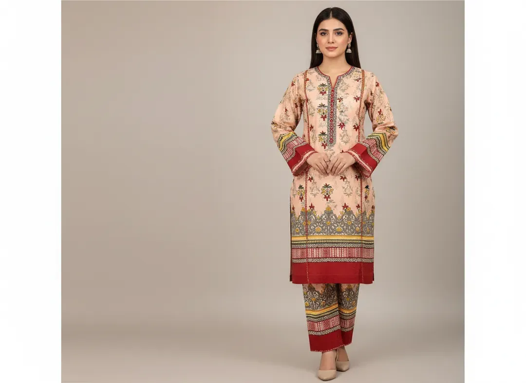 Women Unstitched Printed Suit Pink Polo Cotton 2 Pcs