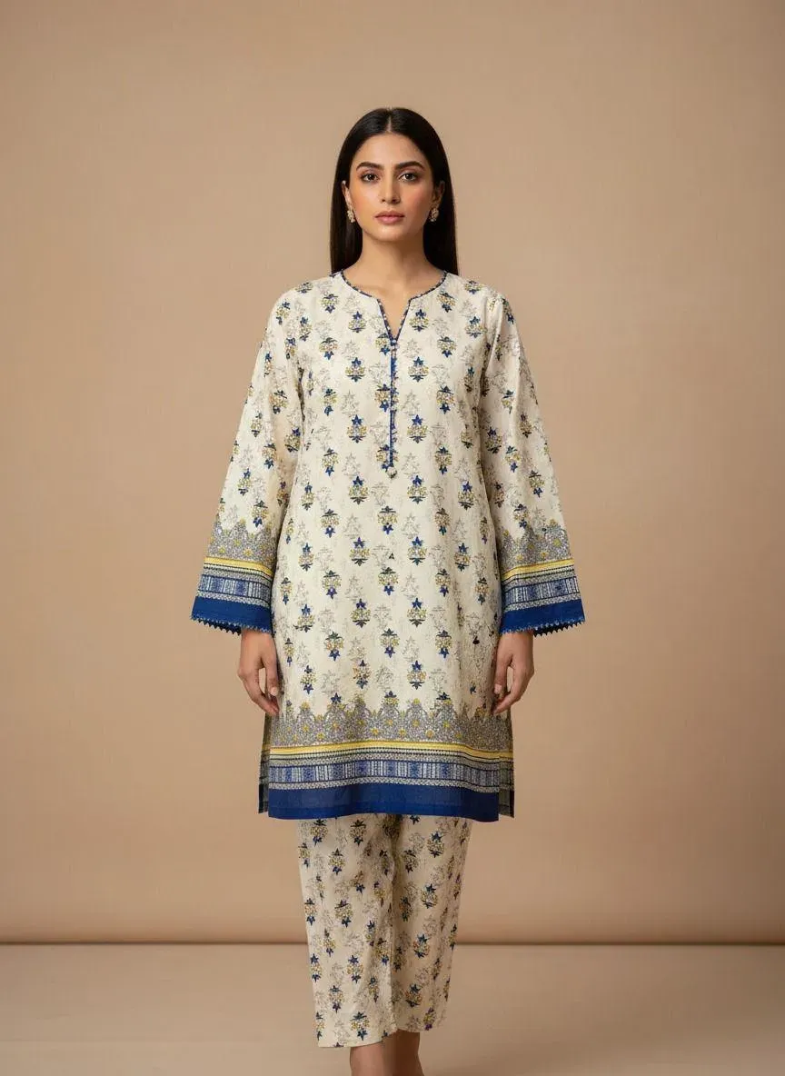 Women Unstitched Printed Suit Yellow Polo Cotton 2 Pcs
