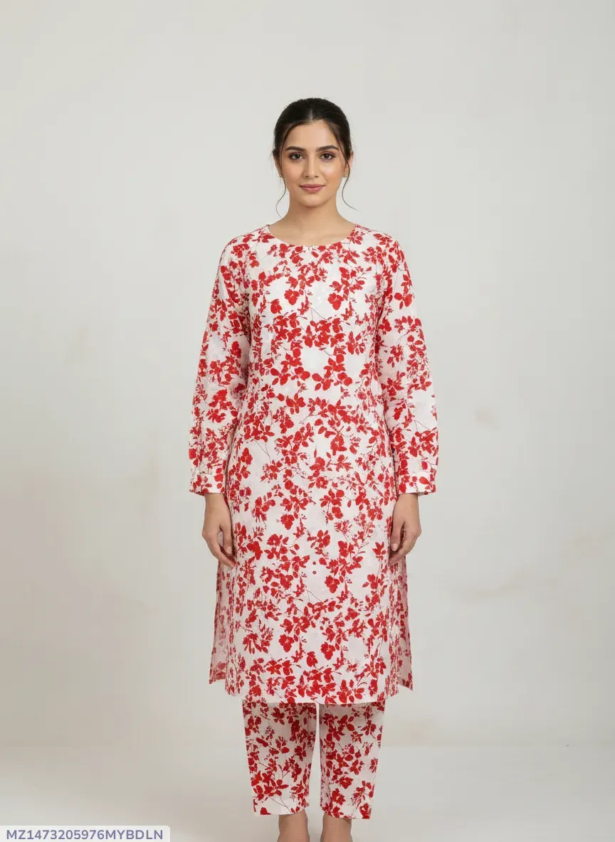 Women Unstitched Printed Suit White 2 Pcs Micro Polo Cotton