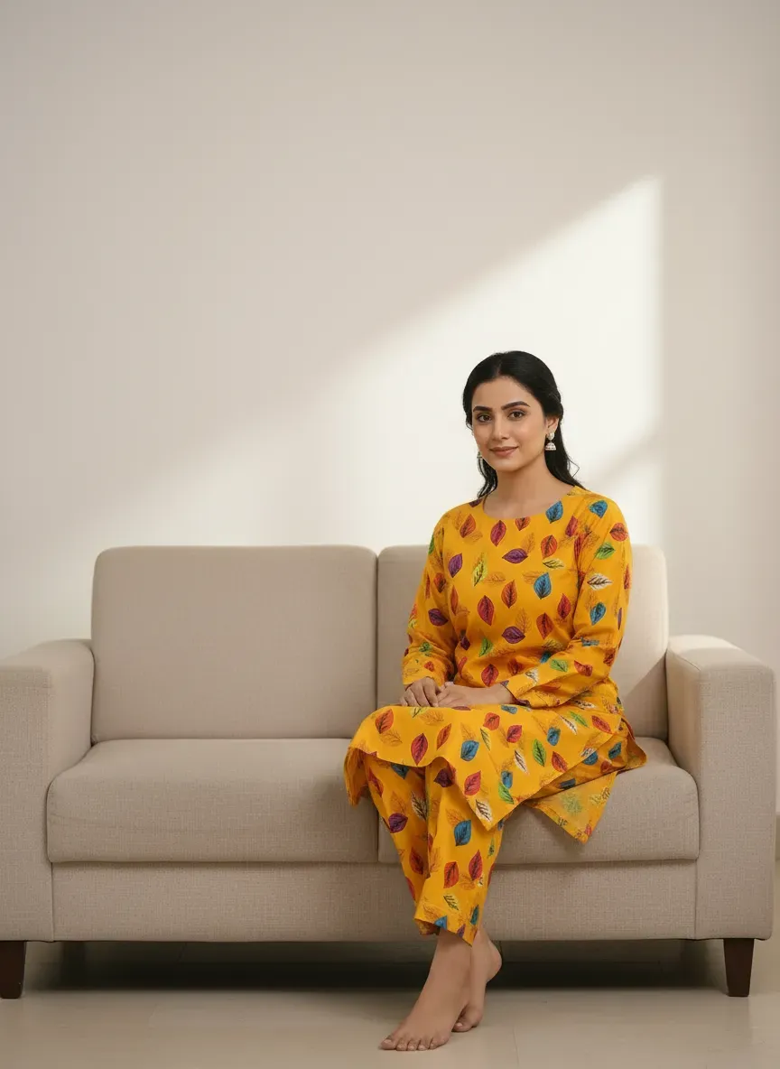 Women Unstitched Printed Suit Yellow 2 Pcs Micro Polo Cotton