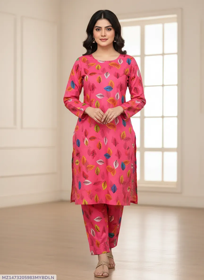 Women Unstitched Printed Pink 2 Pcs Suit Micro Polo Cotton