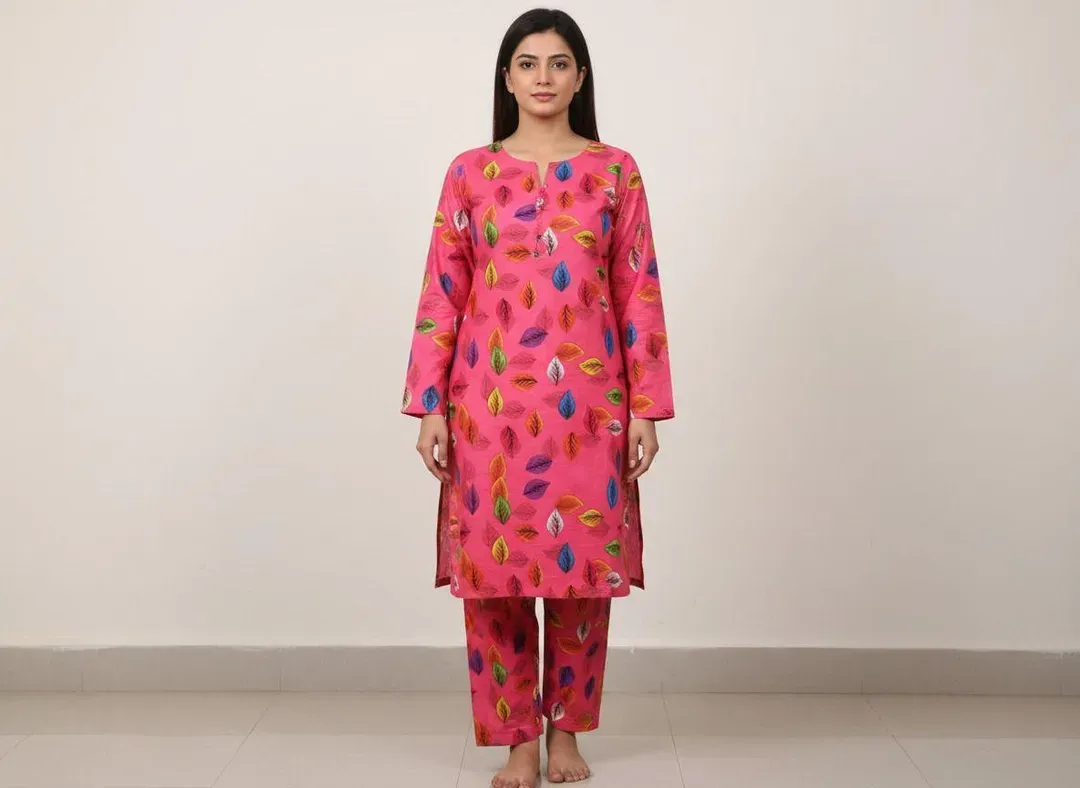 Women Unstitched Printed Pink 2 Pcs Suit Micro Polo Cotton