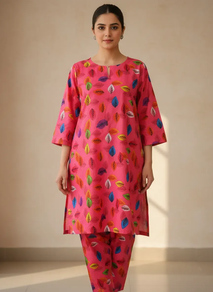 Women Unstitched Printed Pink 2 Pcs Suit Micro Polo Cotton