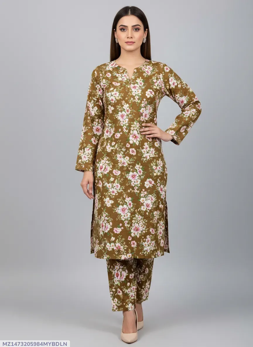 Women Printed 2-Piece Suit Brown Polo Cotton