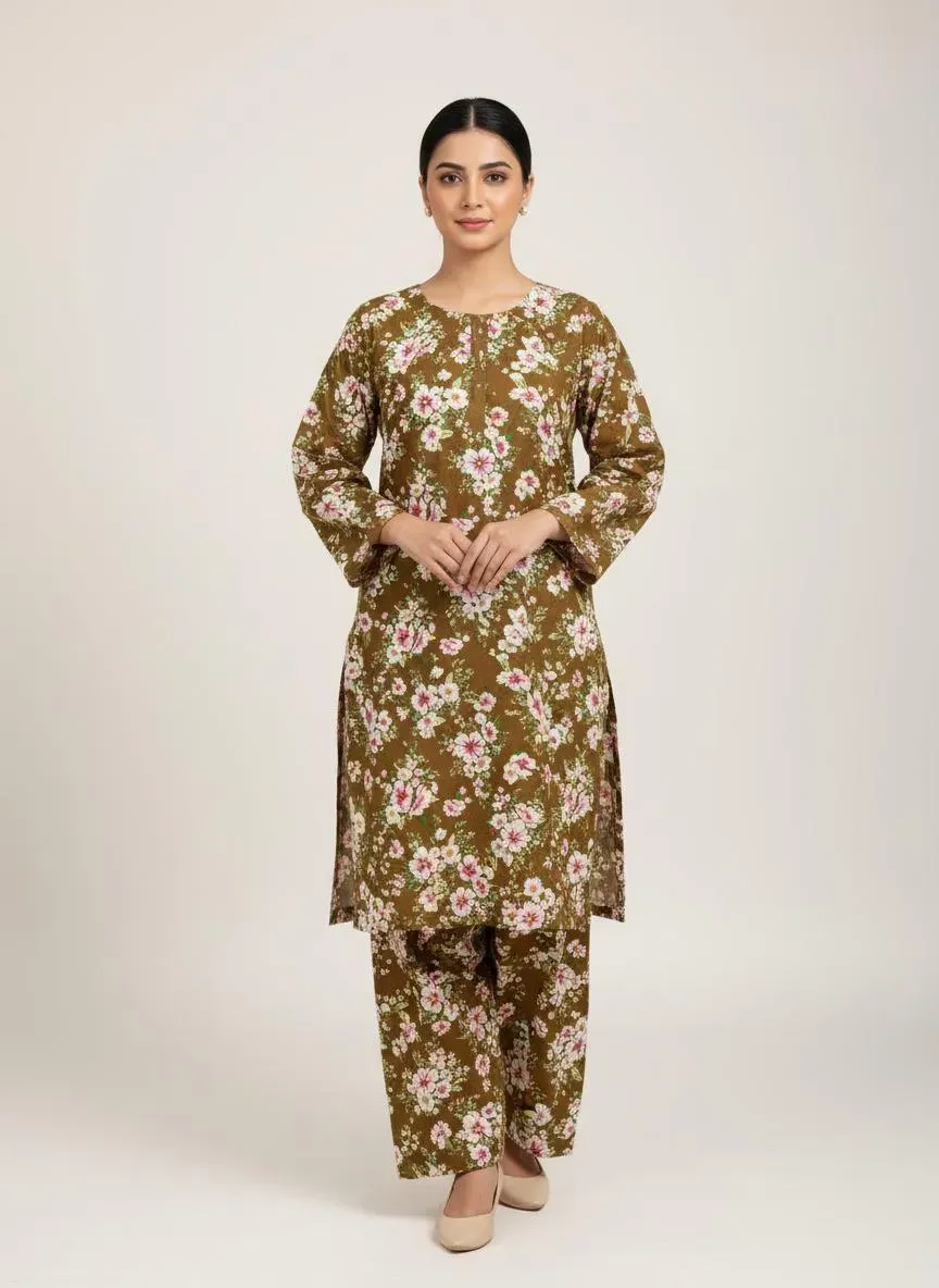 Women Printed 2-Piece Suit Brown Polo Cotton