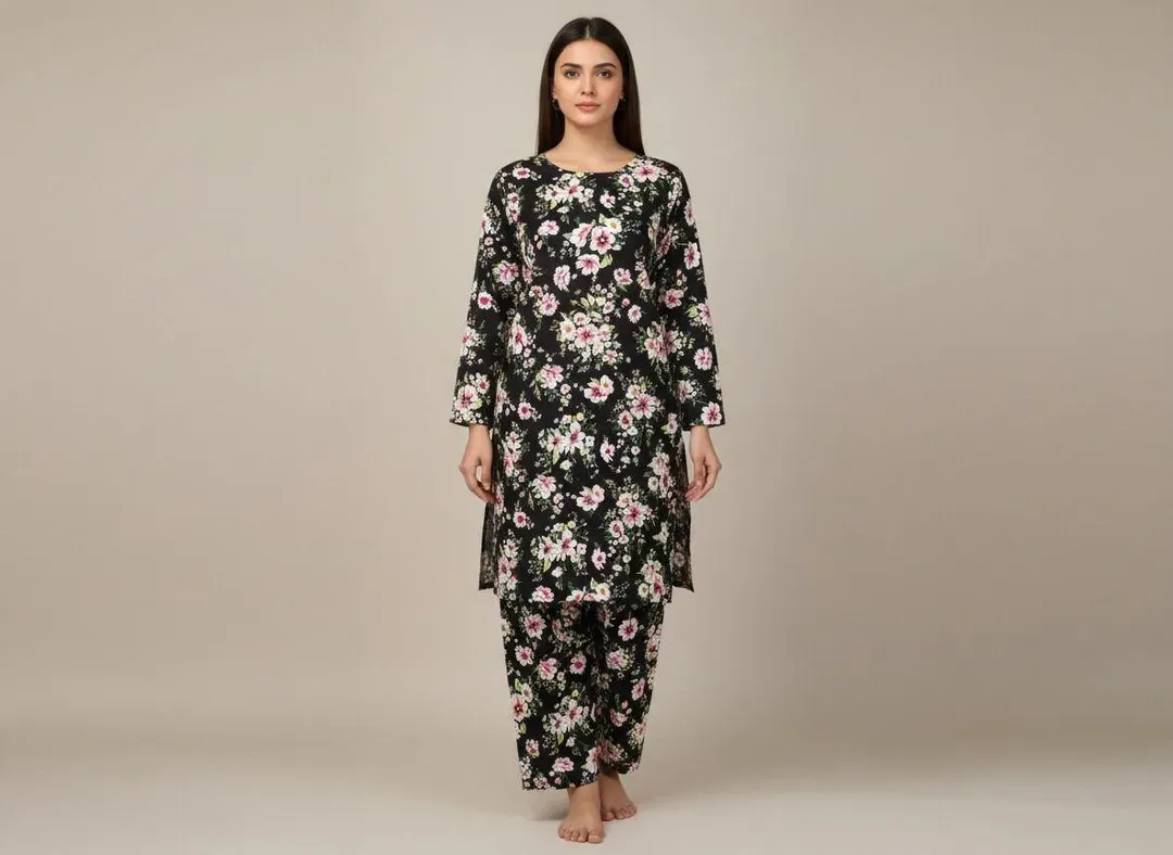 Women Unstitched Printed Suit Black 2 Pcs Polo Cotton
