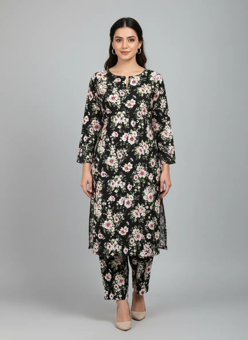 Women Unstitched Printed Suit Black 2 Pcs Polo Cotton