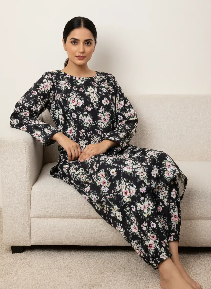 Women Unstitched Printed Suit Black 2 Pcs Polo Cotton