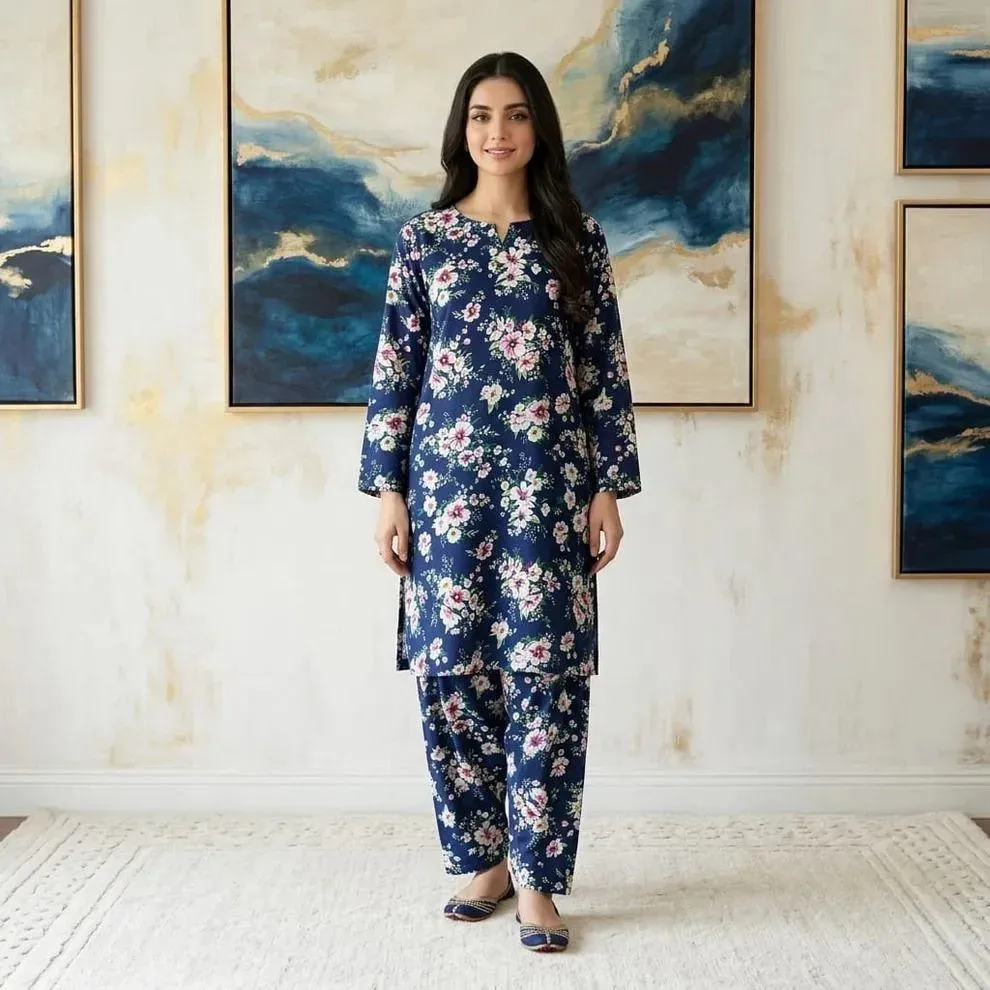 Women Unstitched Printed Suit Blue Polo Cotton 2 Pcs