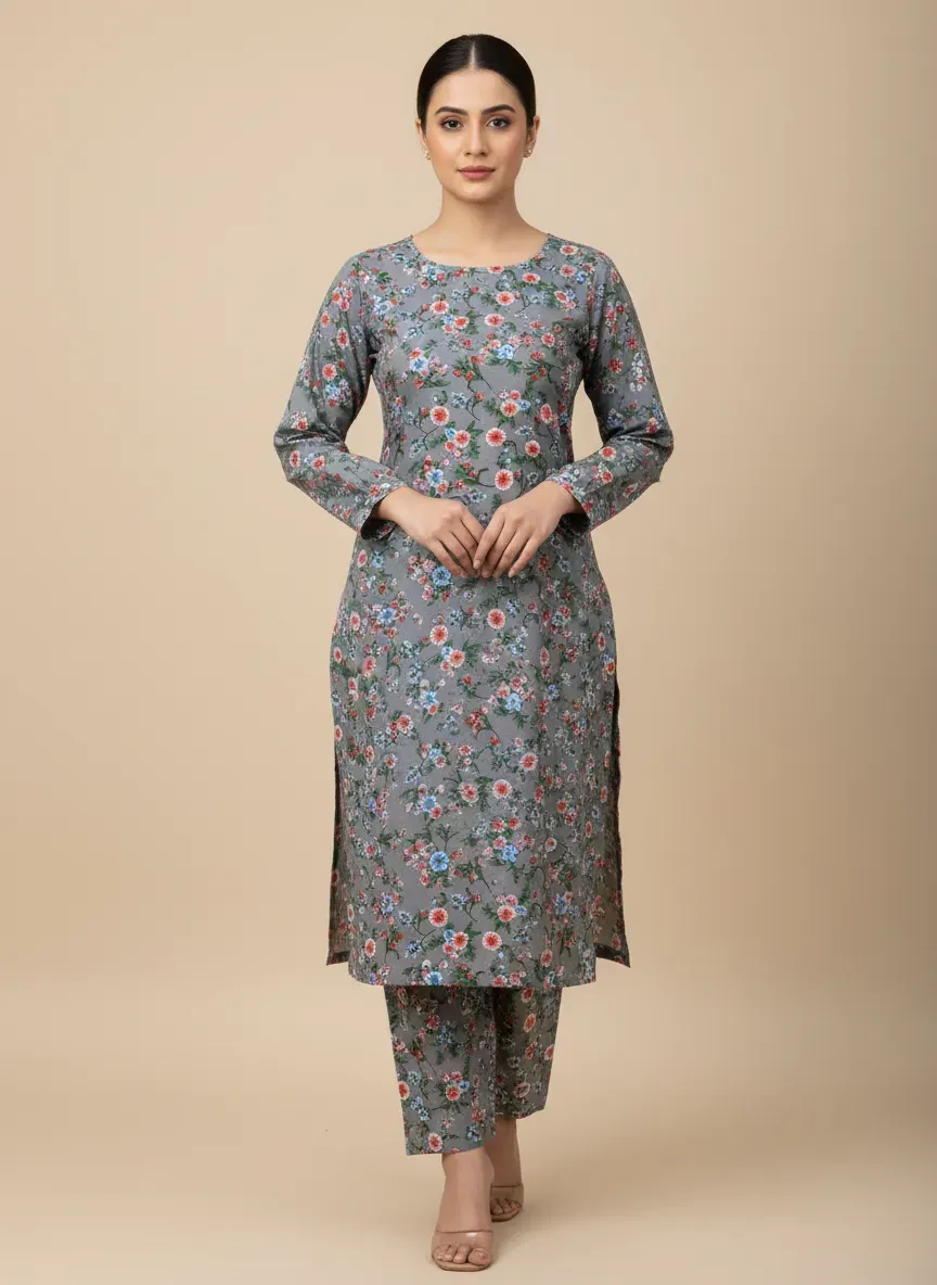Women Printed 2-Piece Suit Grey Polo Cotton