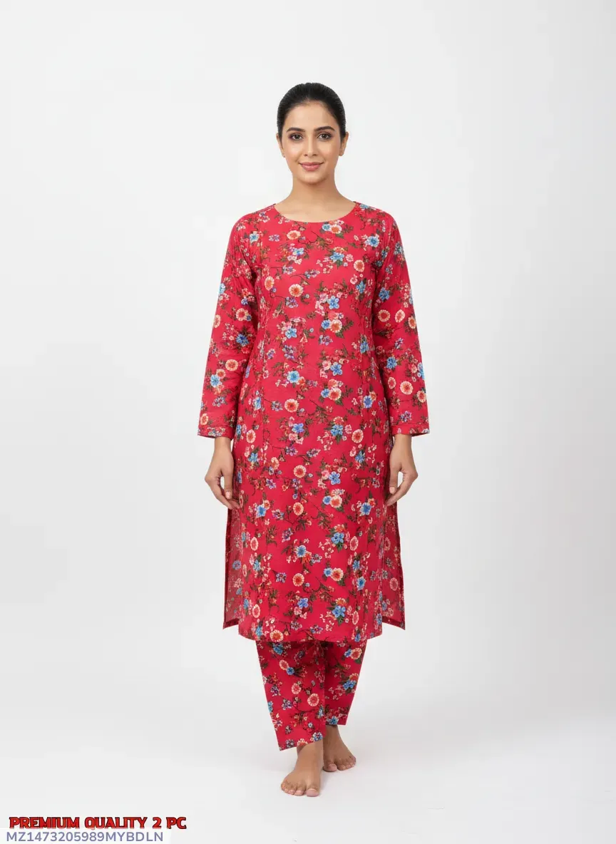 Premium Quality 2 Pcs Printed Pink Polo Cotton Suit for Women