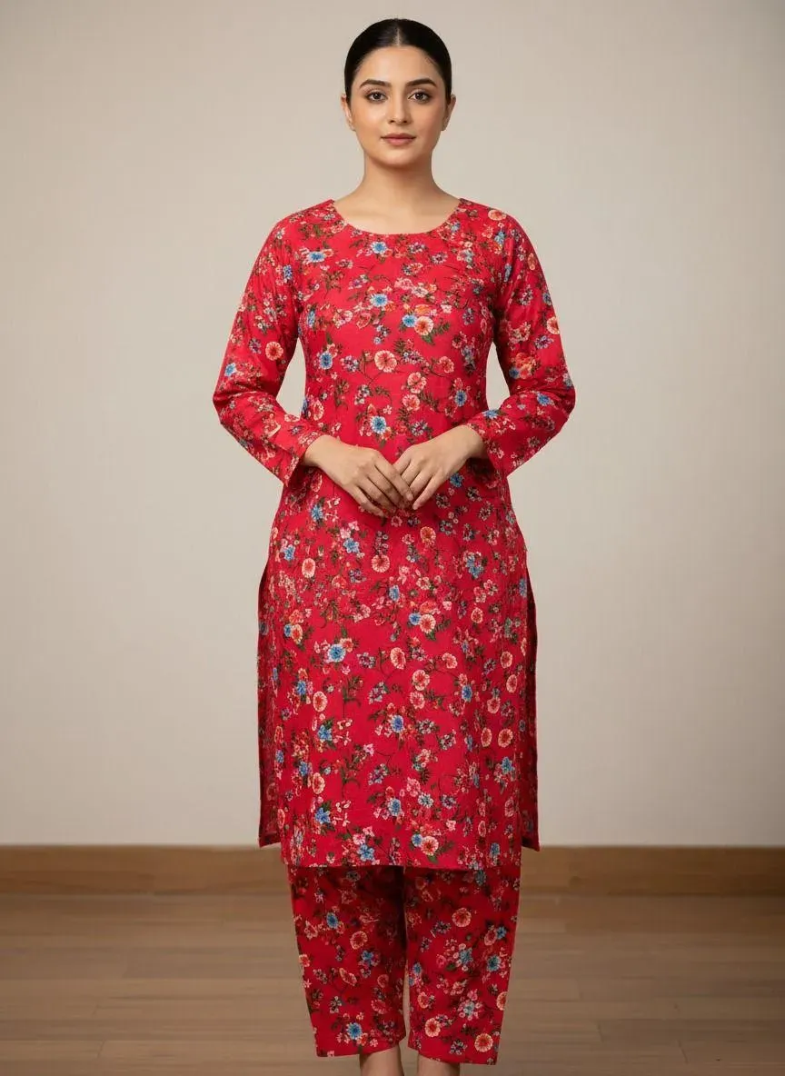 Premium Quality 2 Pcs Printed Pink Polo Cotton Suit for Women