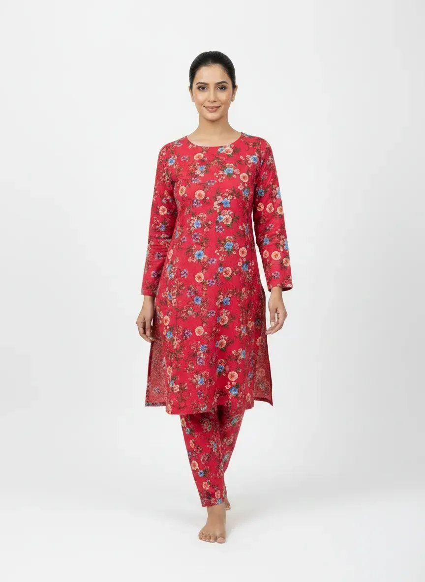 Premium Quality 2 Pcs Printed Pink Polo Cotton Suit for Women