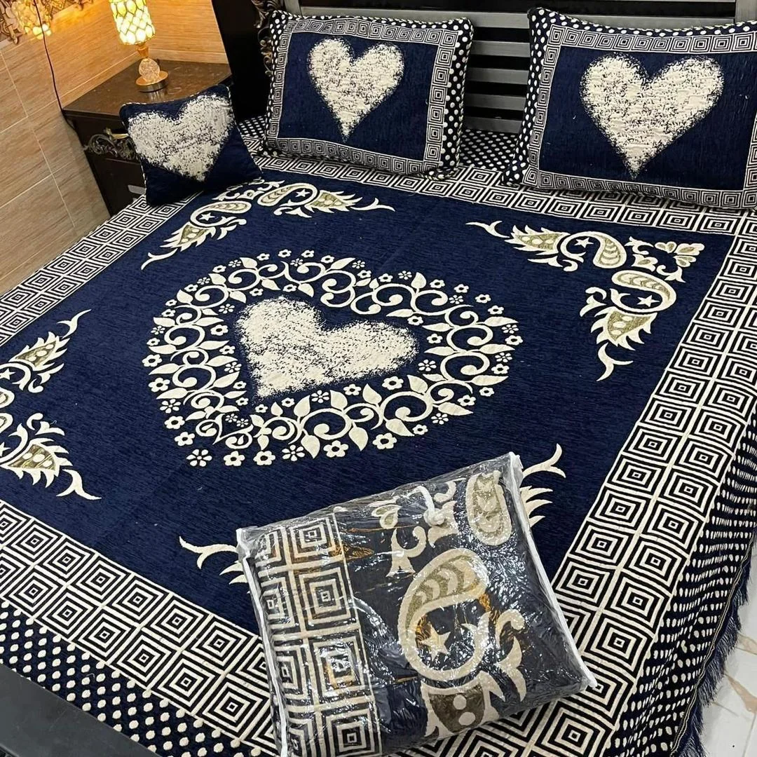 Velvet Jacquard Double Bedsheet Set Blue Heart Design