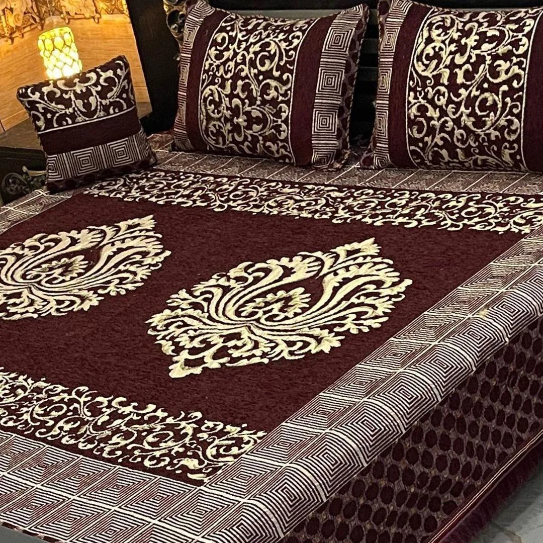 King Size Velvet Jacquard Bedsheet Set Brown 4 Pcs