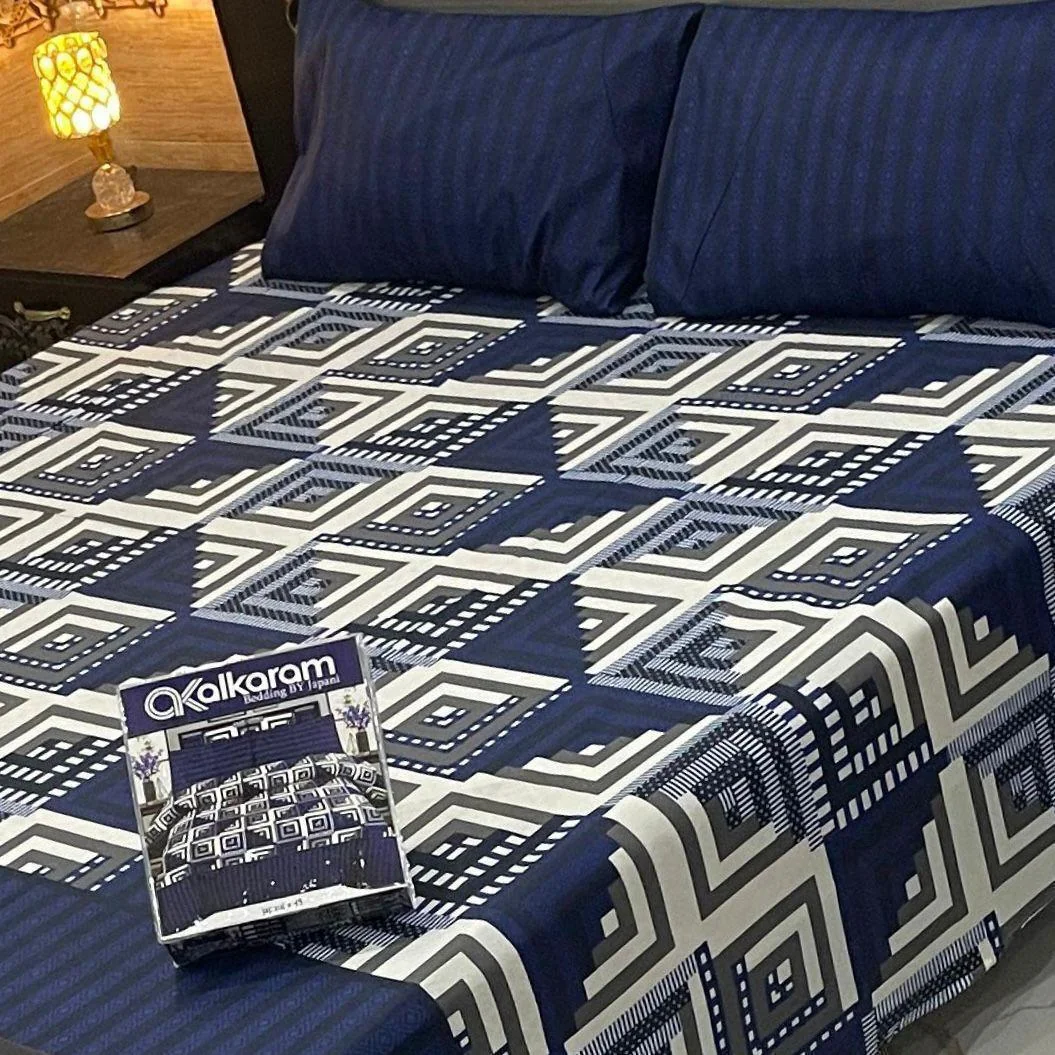 Blue Printed Double Bedsheet Set 3 Pcs Mix Cotton