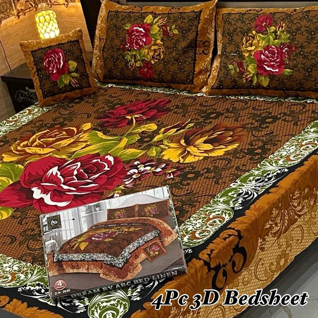 Elegant King Size Printed Crystal Cotton Bedsheet Set - 4 Pcs