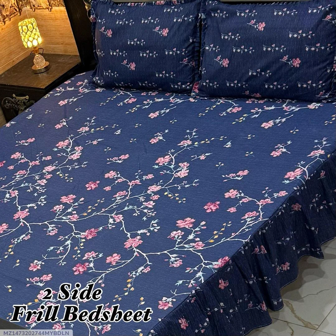Double Bedsheet Cotton Salonica Frill Blue Pink Floral