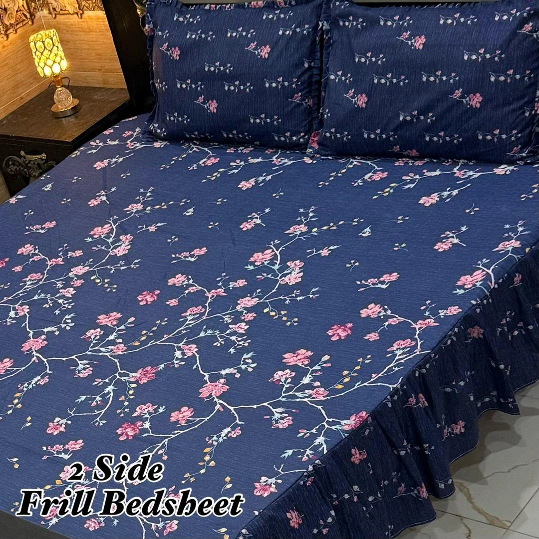 Double Bedsheet Cotton Salonica Frill Blue Pink Floral
