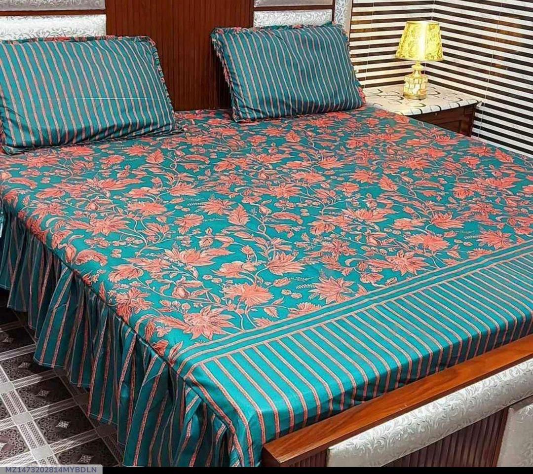 Premium Cotton Frill Bedsheet Green Coral Floral Double Set