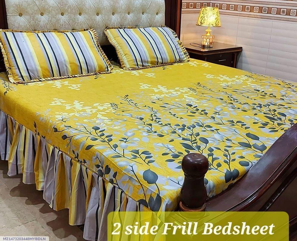 Premium Quality Cotton Salonica Frill Bedsheet Set Yellow Floral Double