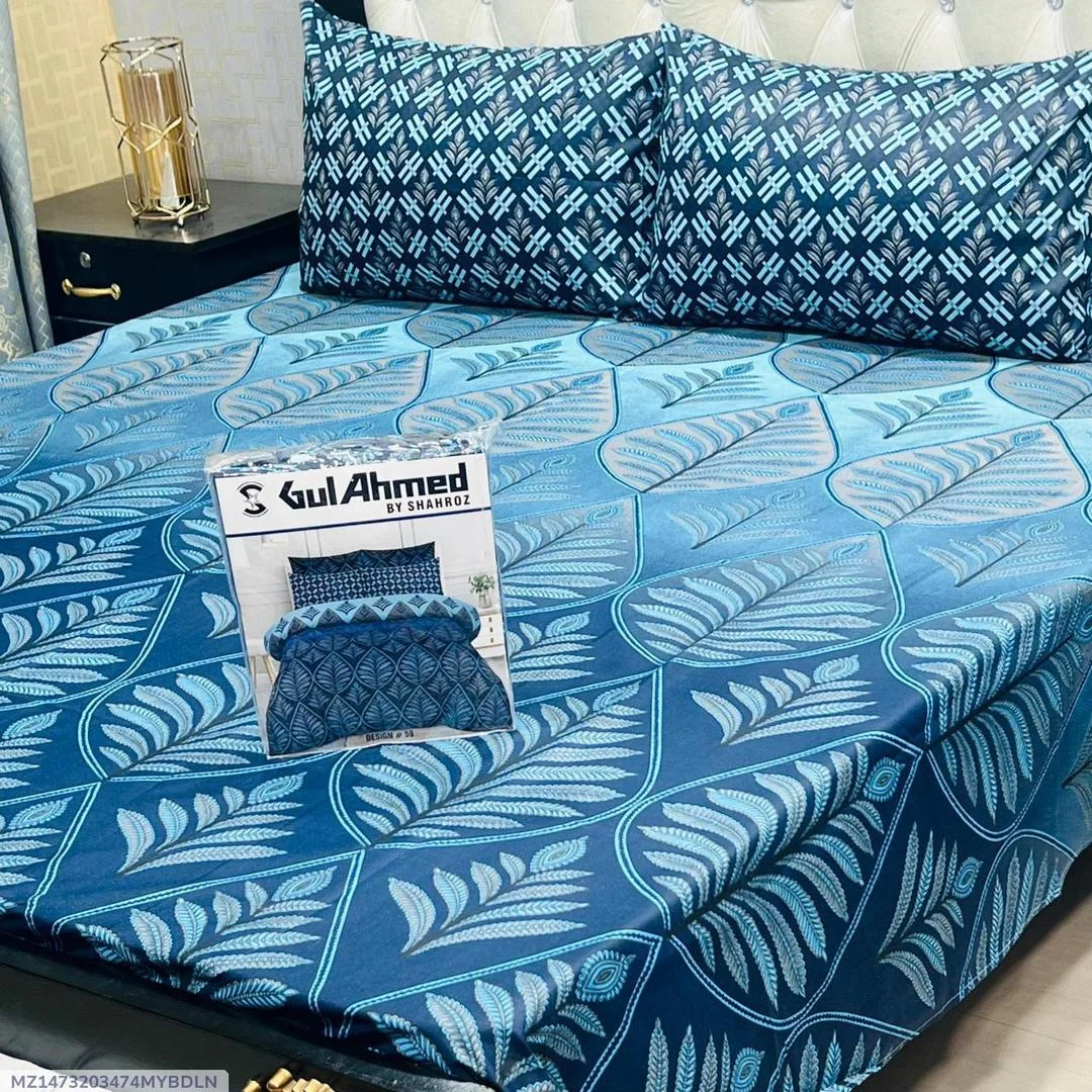 Blue Cotton Salonica Double Bedsheet 3 Pcs Set