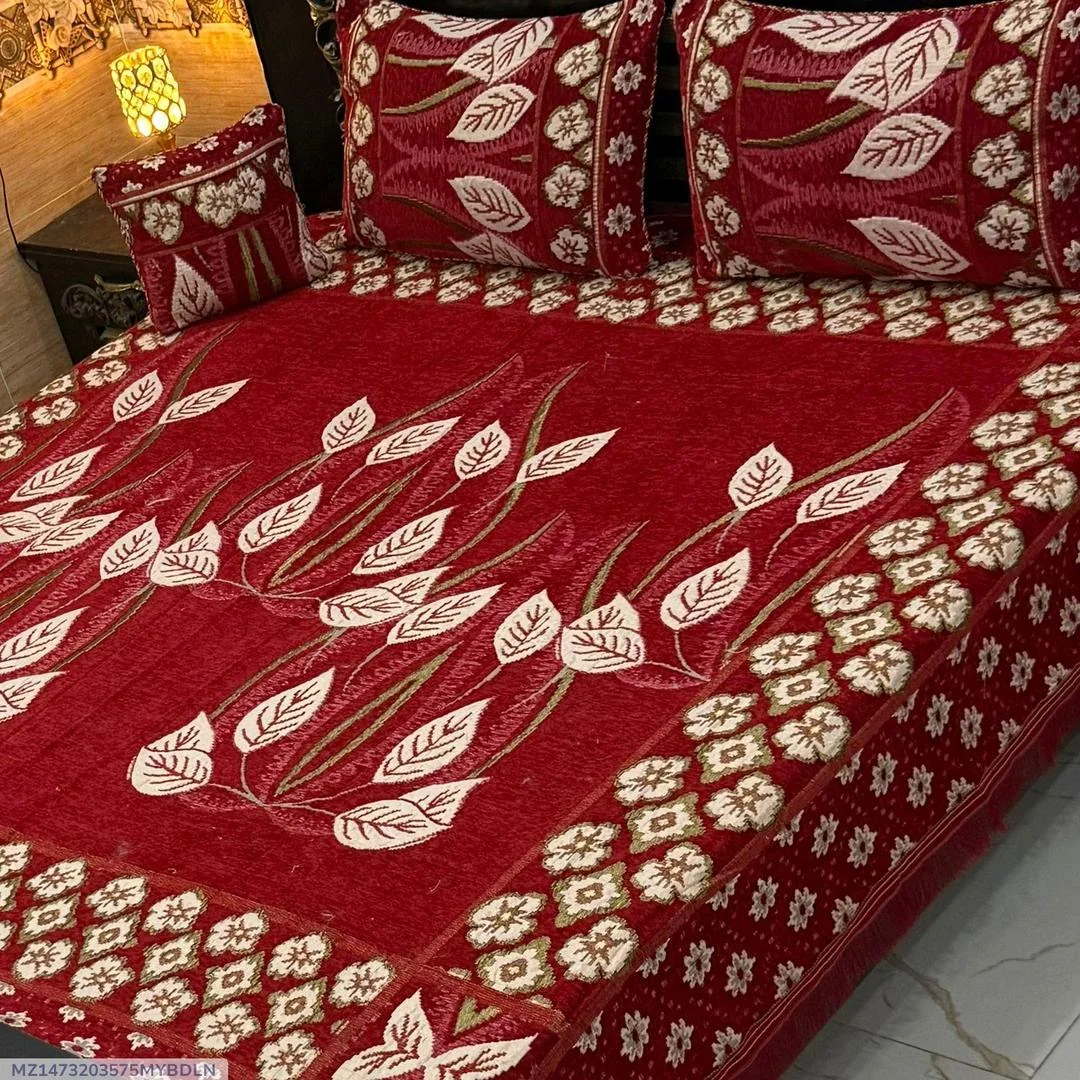 Red Velvet Jacquard 4Pc Double Bedsheet Set