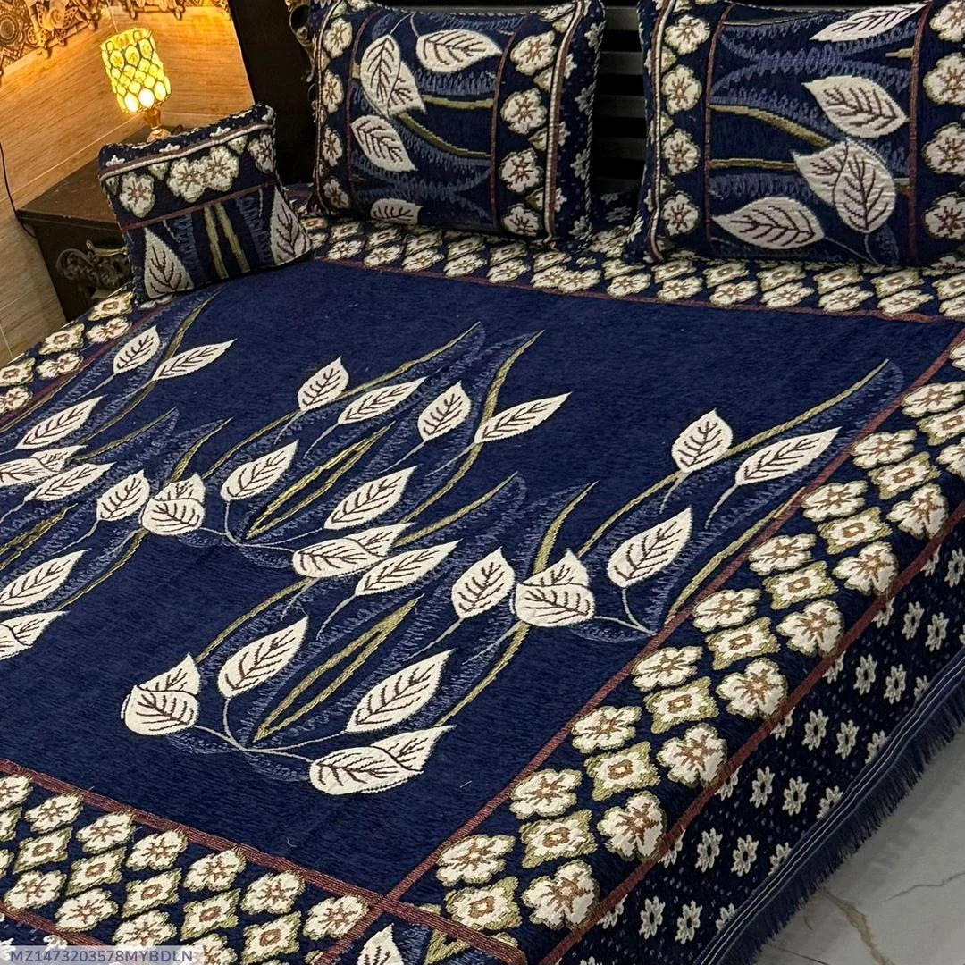 Blue Velvet Jacquard 4Pc Double Bedsheet Set
