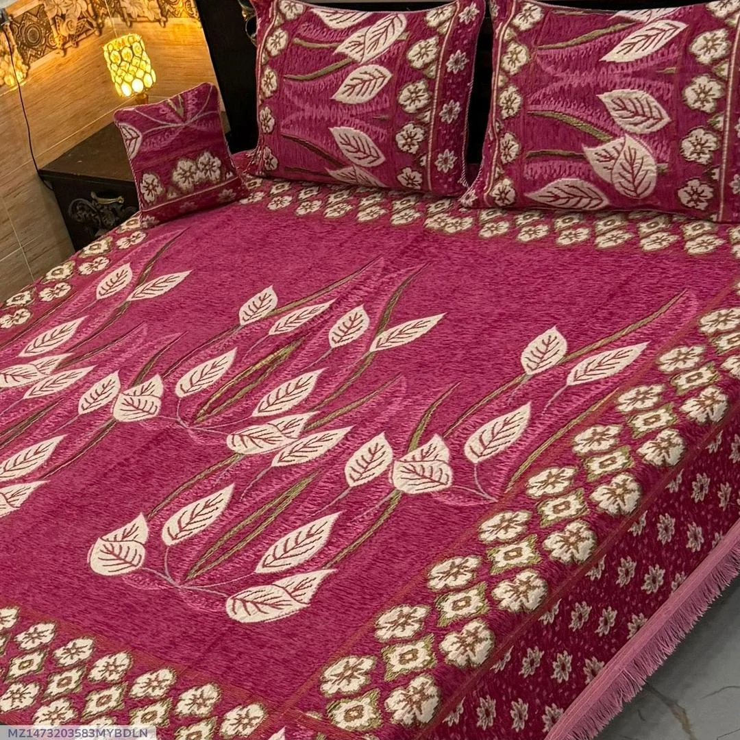 Pink Velvet Jacquard 4Pc Double Bedsheet Set