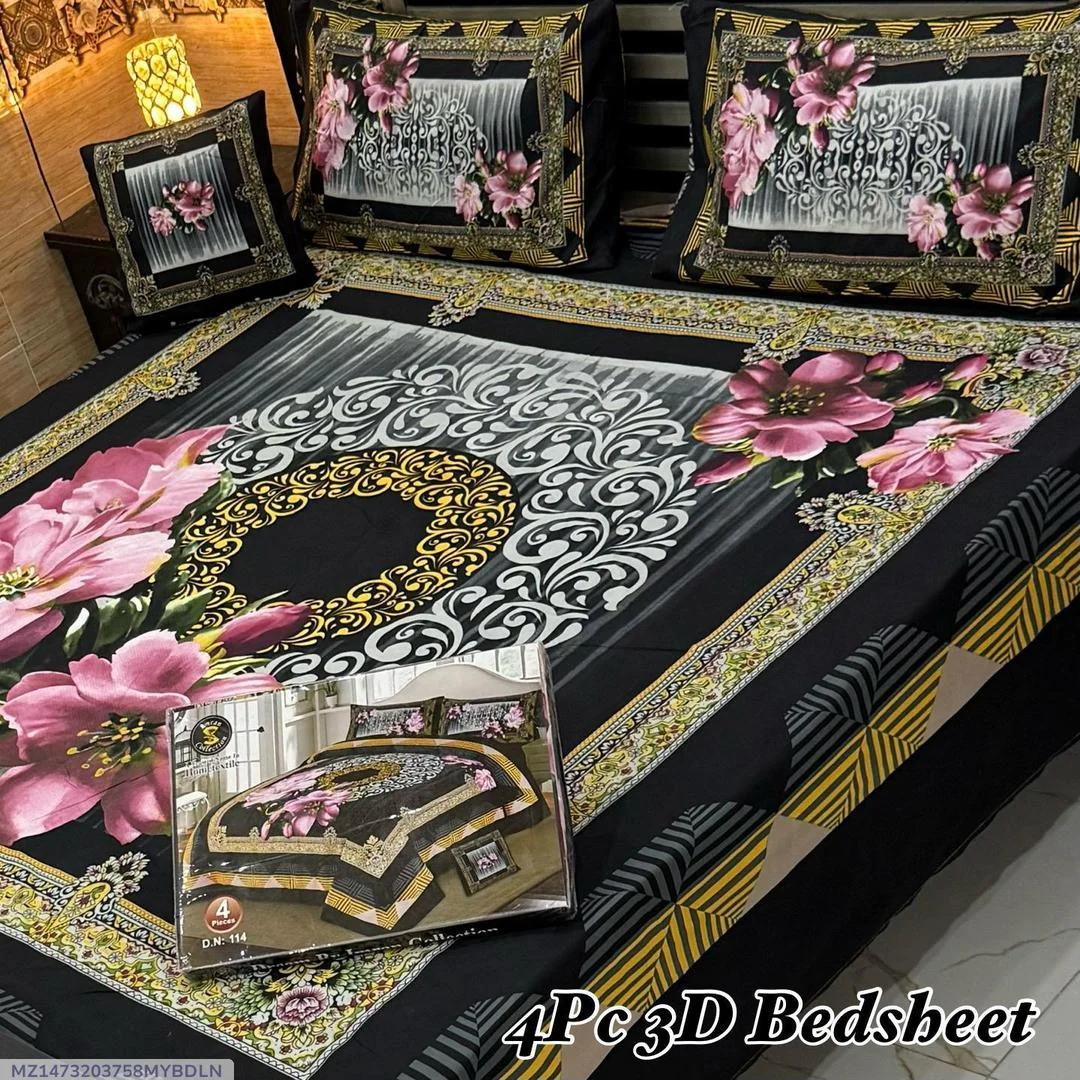 Crystal Cotton 4Pcs Double Bedsheet Black Pink Floral Gold
