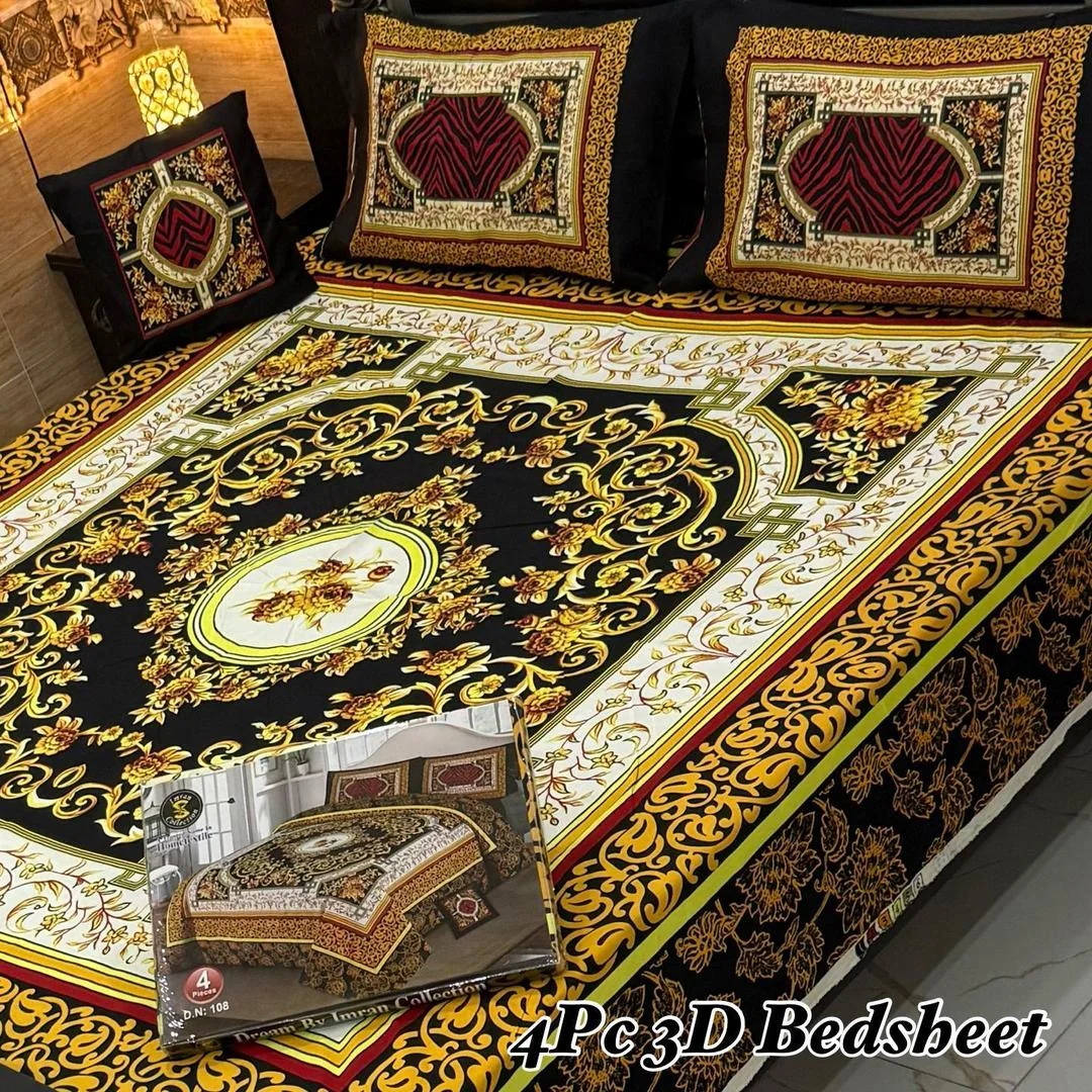 4Pcs 3D Printed Crystal Cotton Bedsheet Set Brown Gold Floral