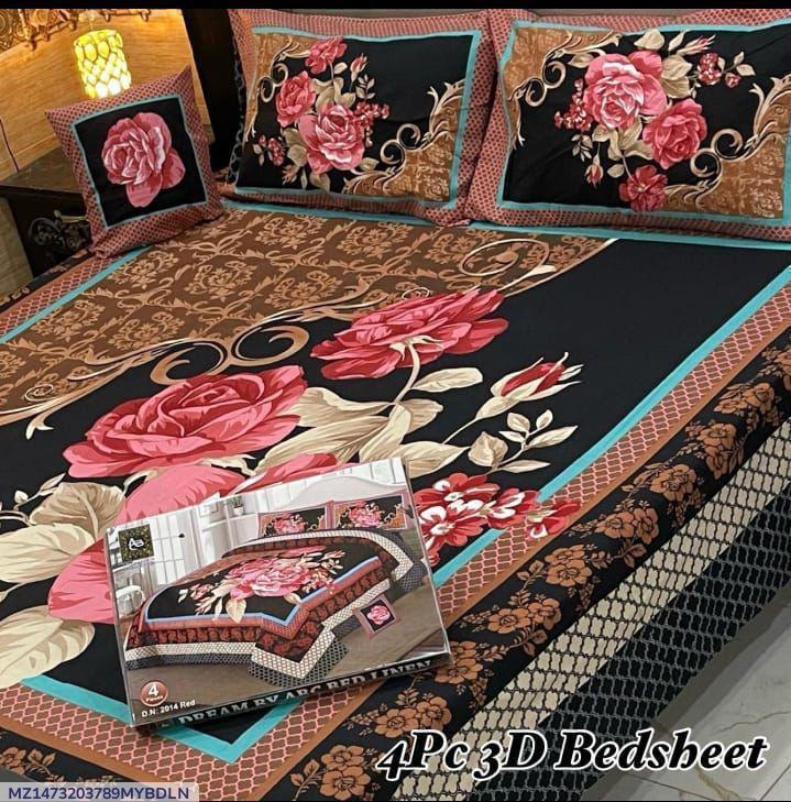 Crystal Cotton 3D Floral Bedsheet Set Red Gold Black
