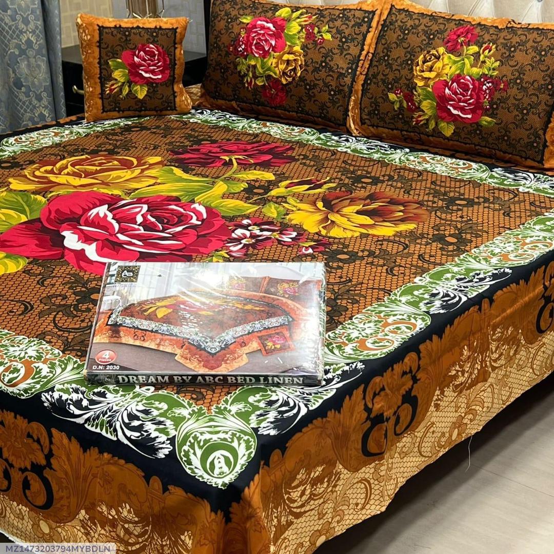 Crystal Cotton Floral Bedsheet Set 4Pcs Golden Red Yellow