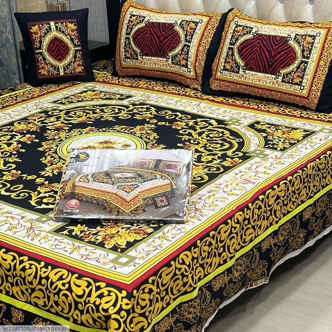 Crystal Cotton Double Bedsheet Set Mustard Gold Floral 4Pcs