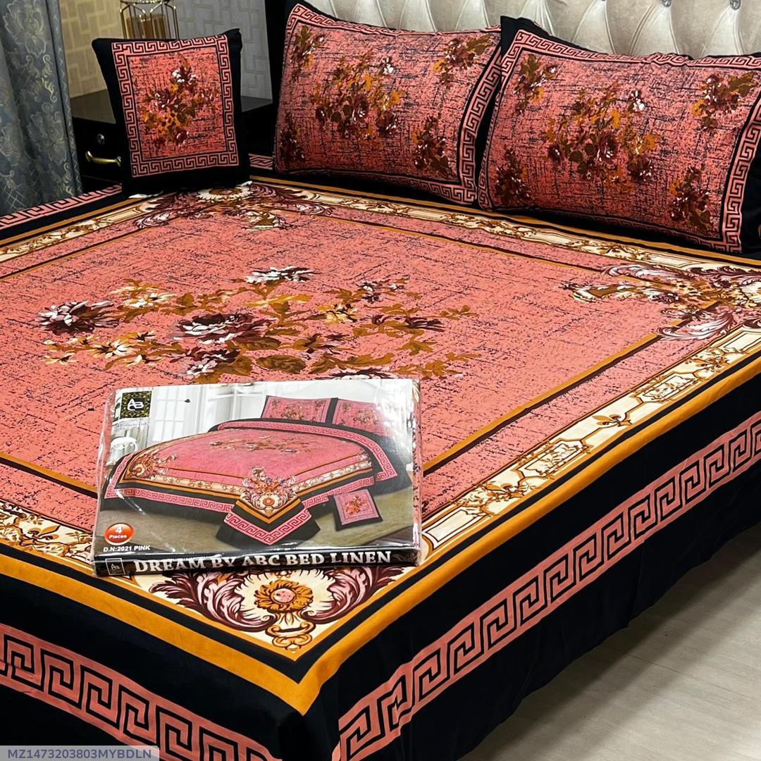 Crystal Cotton 4-Piece Pink Floral Bed Sheet Set with Greek Key Border