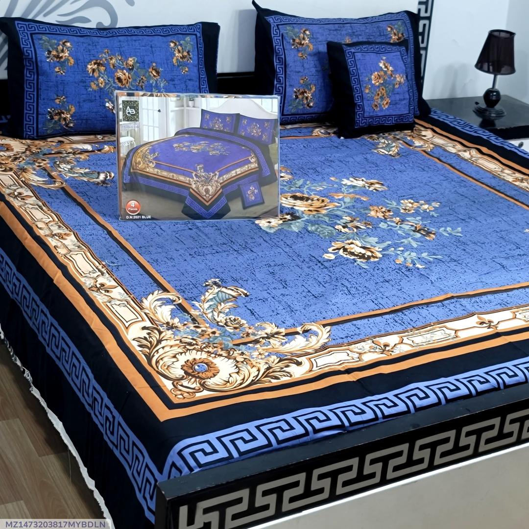 Royal Blue Crystal Cotton Double Bedsheet Set with Floral & Greek Key Design