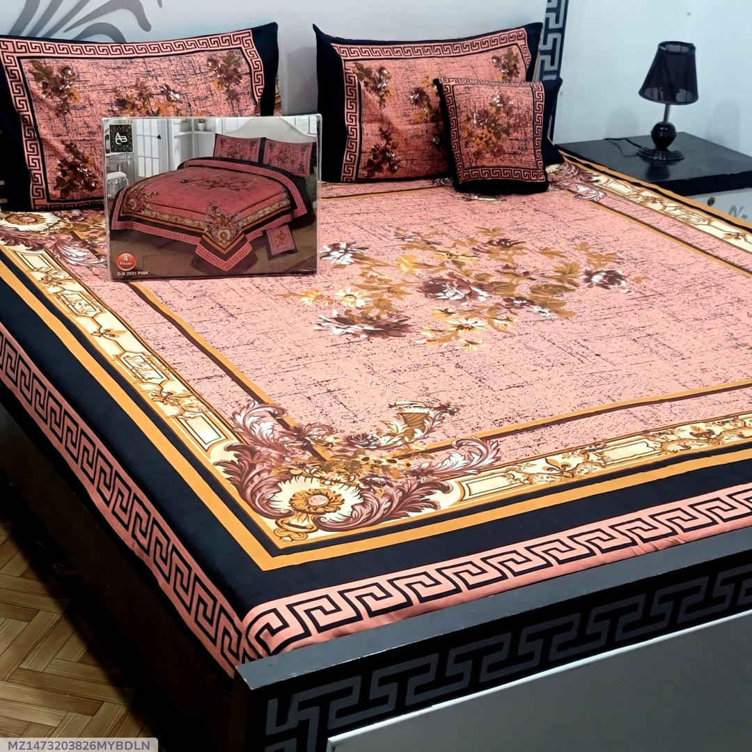 Crystal Cotton 4-Piece Bedsheet Set Pink Floral Greek Key