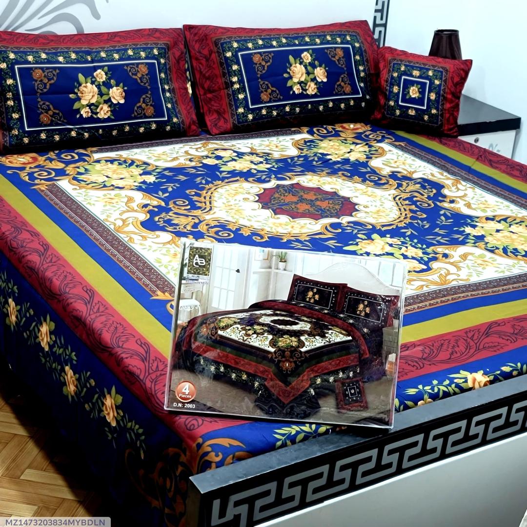 Crystal Cotton Double Bedsheet Set Blue Gold Floral 4-Piece