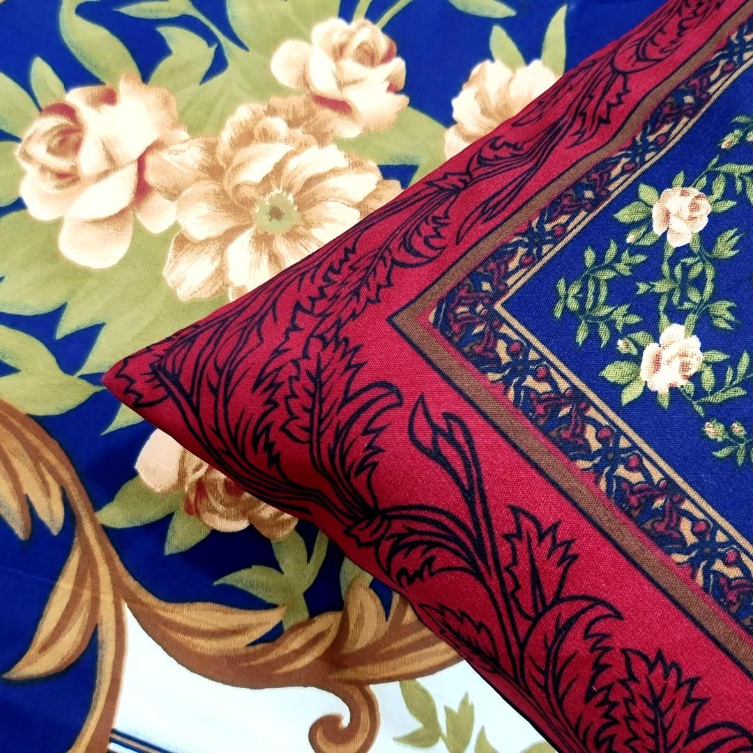 Crystal Cotton Double Bedsheet Set Blue Gold Floral 4-Piece