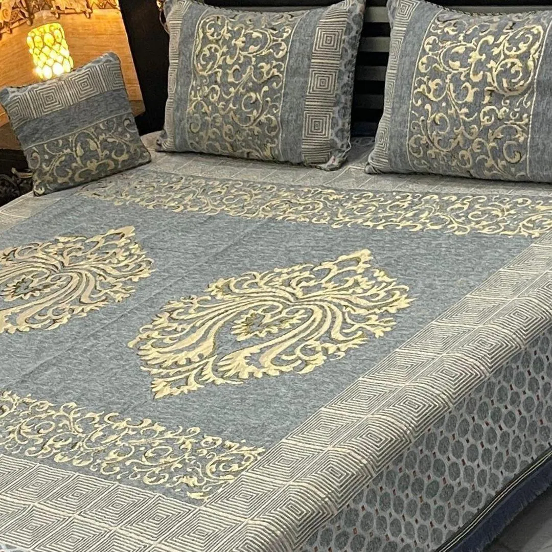 Grey Velvet Jacquard Double Bedsheet Set 4 Pcs