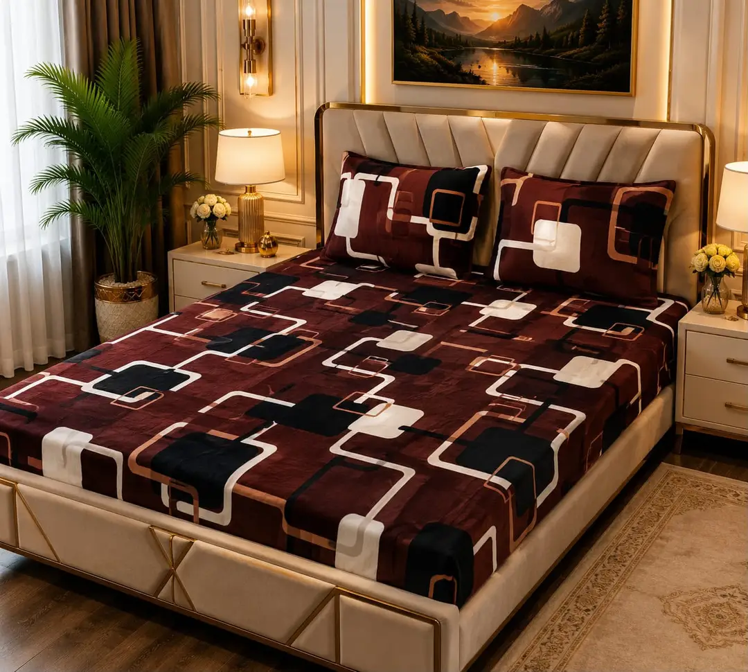 Stylish 3 Pcs Fleece Printed Double Bedsheet