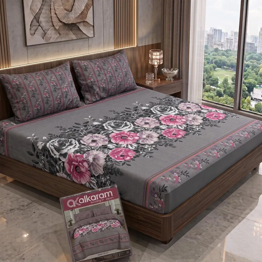 3 Pcs Cotton Salonica Printed Double Bedsheet