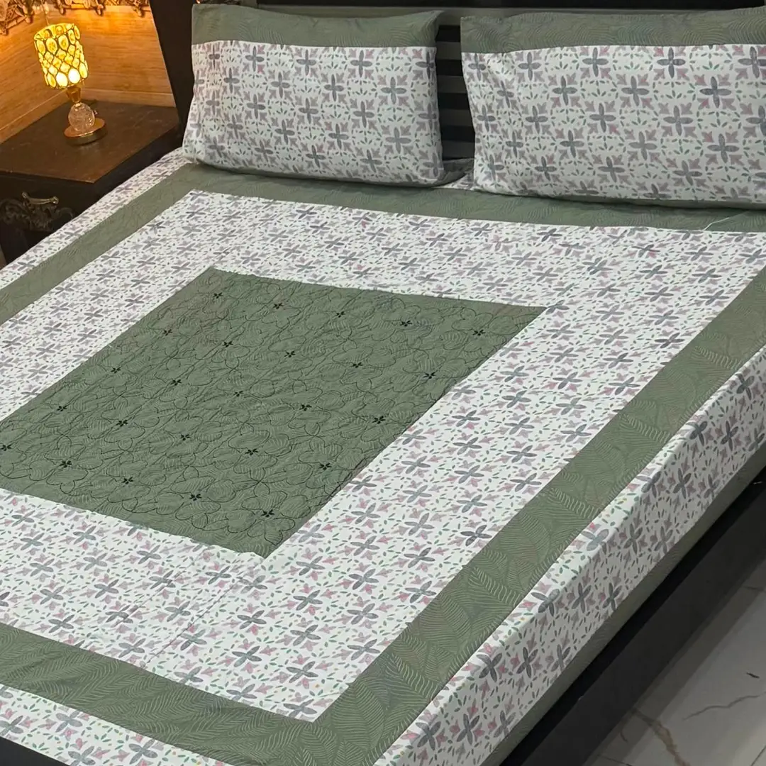 Stylish 3 Pcs Cotton Sotton Embroidered Patchwork Double Bedsheet