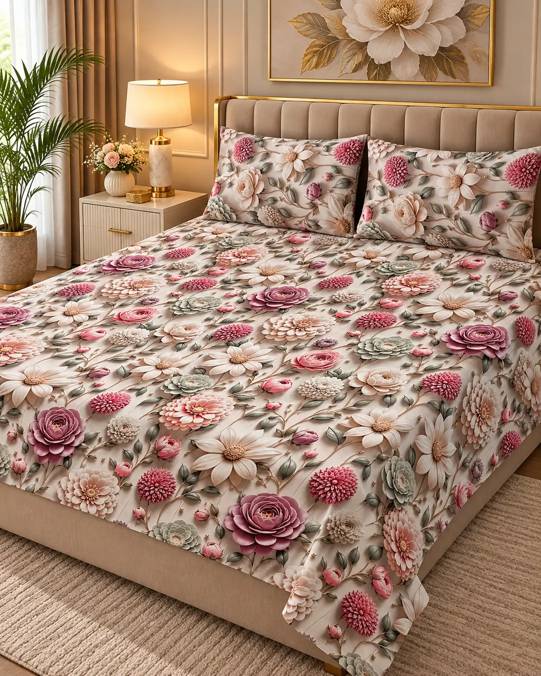 Exclusive 3 Pcs Micro Cotton Printed 9D Double Bedsheet