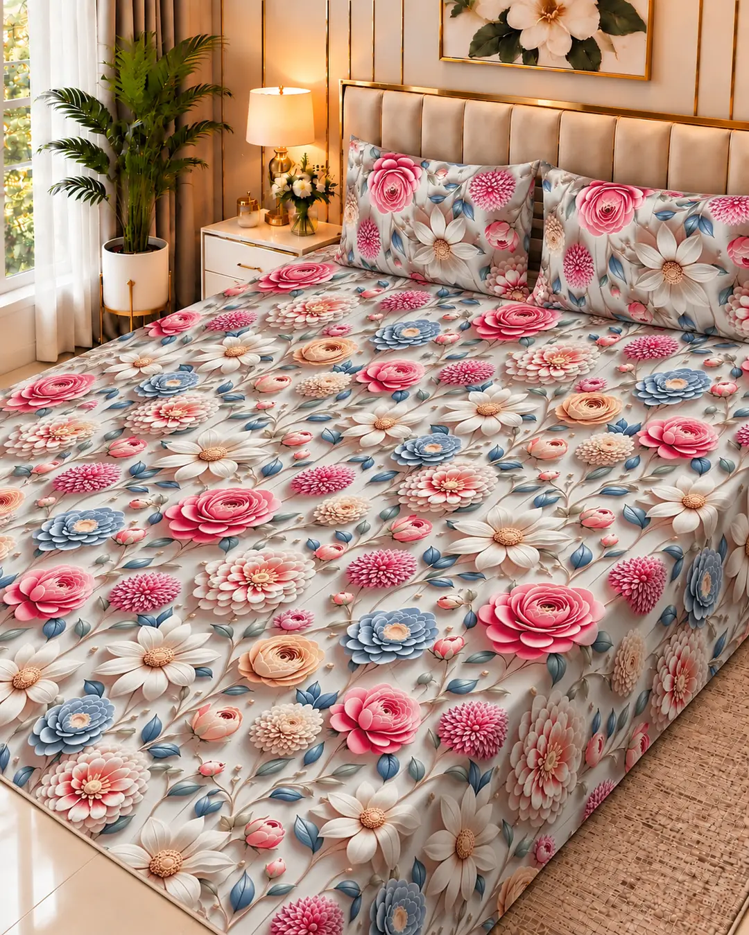 Exclusive 3 Pcs Micro Cotton Printed 9D Double Bedsheet