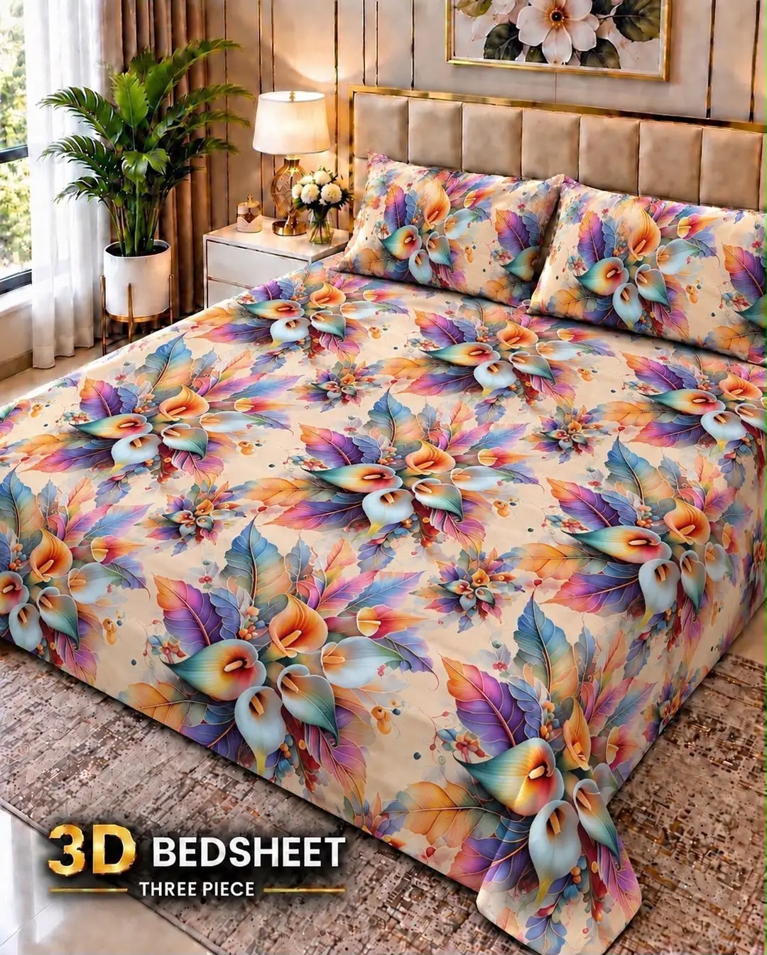 Exclusive 3 Pcs Micro Cotton Printed 9D Double Bedsheet