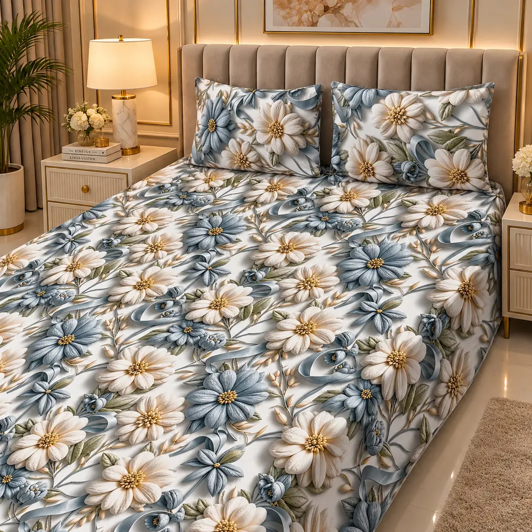 Elegant 3 Pcs Micro Cotton Printed 9D Double Bedsheet