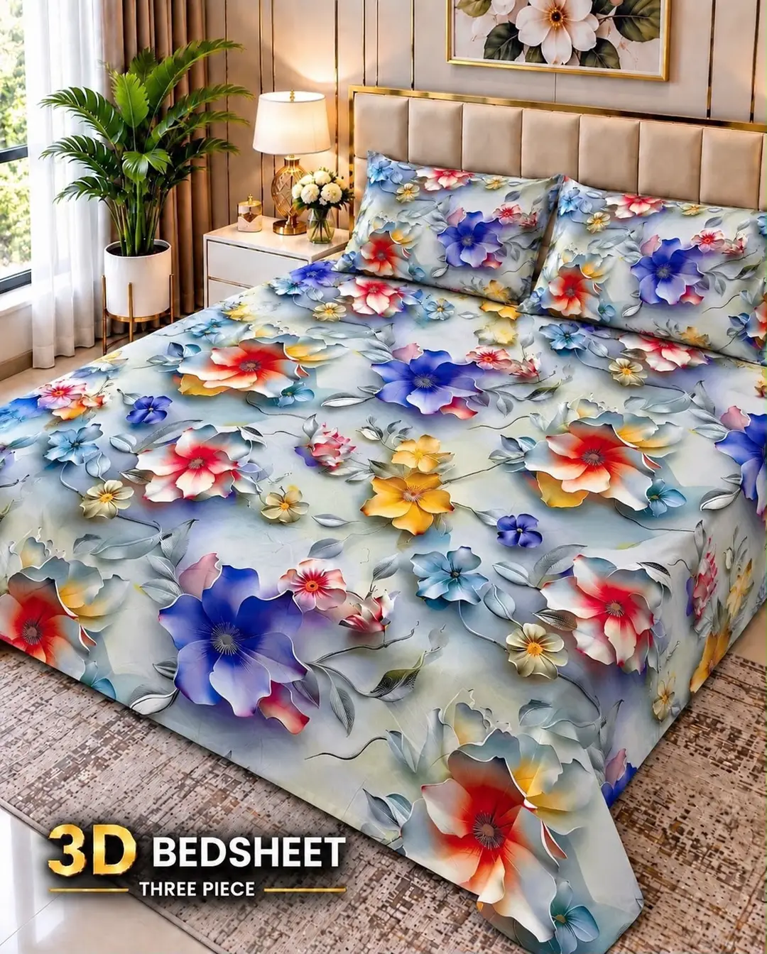 Exclusive 3 Pcs Micro Cotton Printed 9D Double Bedsheet