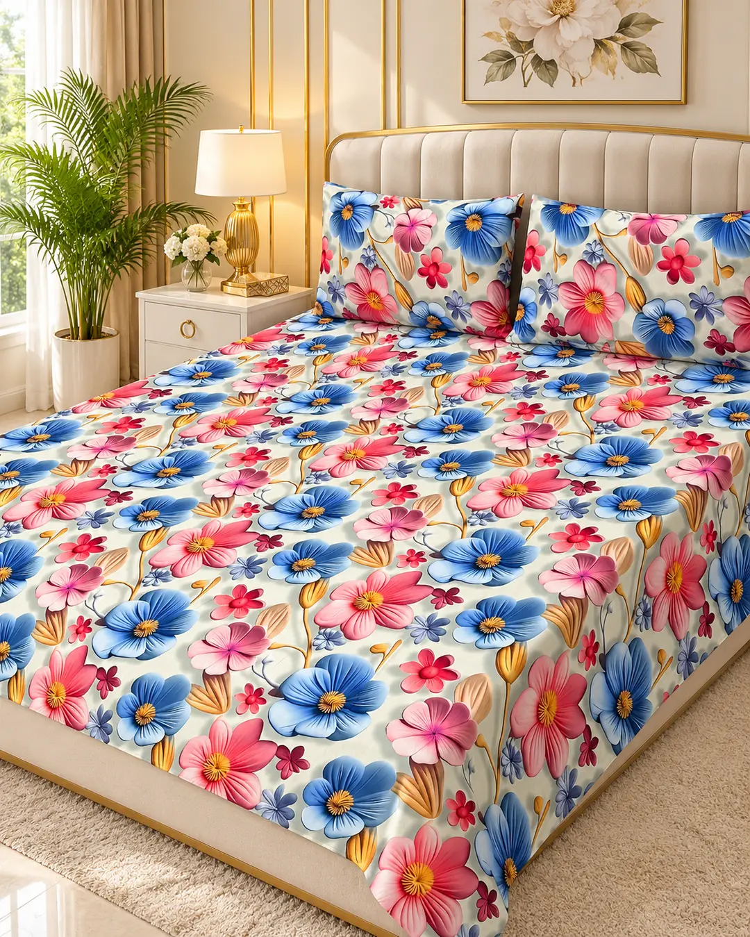 Exclusive 3 Pcs Micro Cotton Printed 9D Double Bedsheet